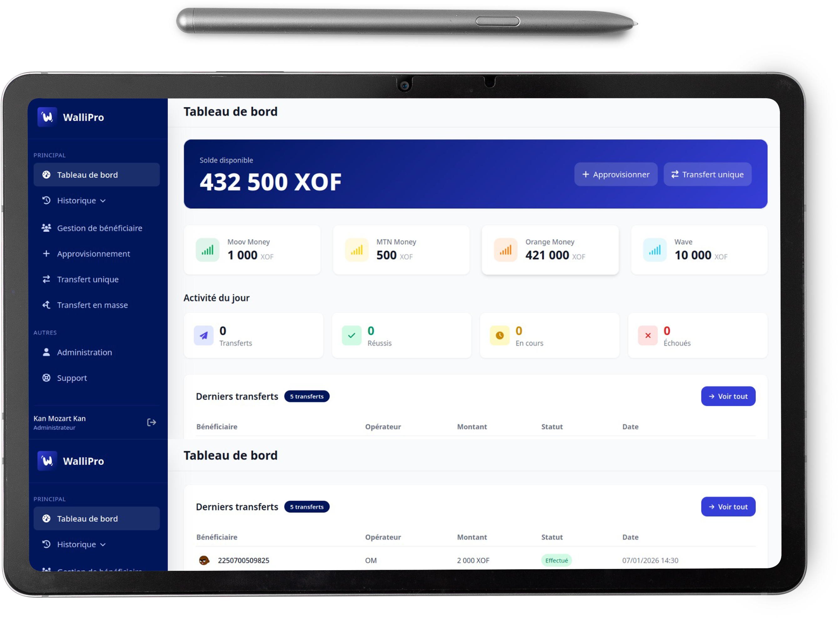 Dashboard WalliSend Pro sur tablette